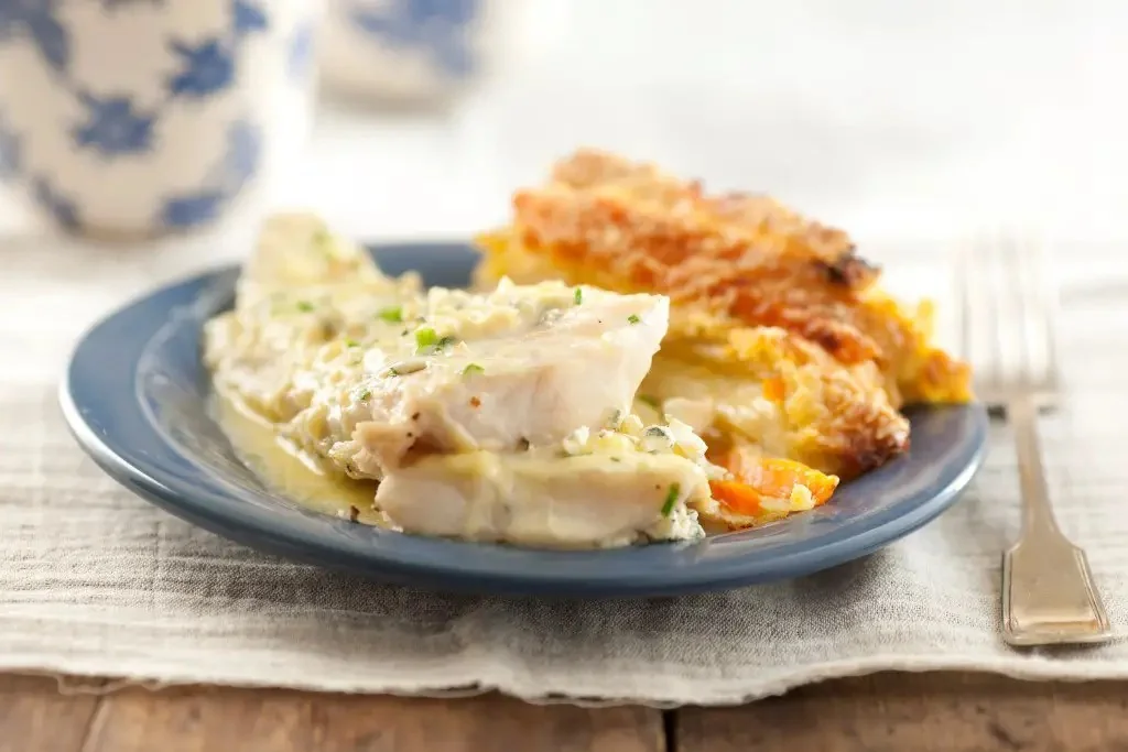 Lenguado al roquefort con GRATIN de zanahorias y puerros